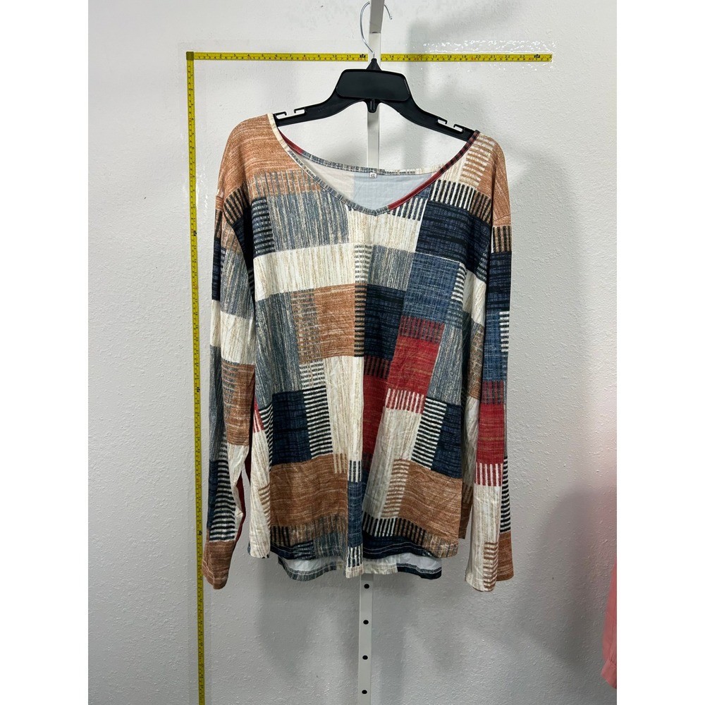 Unbranded Multi Color Patchwork Print V-Neck Long‎ Sleeve Top 4XL Plus Size